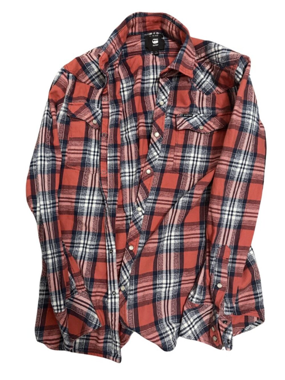 G-Star RAW Slim Fit Red Plaid Snap Button Shirt — Size L